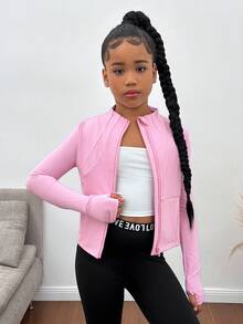 SHEIN Tween Girls' Lightweight Zip-Up Jacket, Breathable Sports Coat For Running, Gym, Yoga, All Season,In Fall/Winter