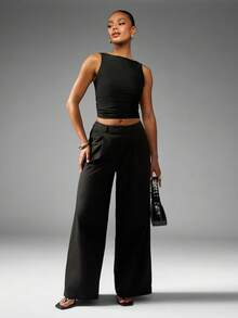 MISSGUIDED Pantalones palazzo de pierna ancha de cintura alta con sensación de lino, elegante vestimenta formal de verano, primavera y otoño, pieza de moda de declaración - Negro - Ver 3