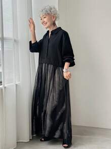 FRIFUL 女式黑色落肩长袖下摆拼布扎染面料透明网眼衬衫裙，秋季连衣裙，休闲长裙 - 黑色 - 查看 4