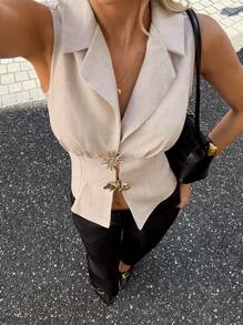 Siren Gaze Women's Elegant Apricot Summer City Break Waistcoat,Lapel Sleeveless Metal Buckle Sun-Shaped Single-Breasted Waistcoat For Commuting,Fall,Business - Apricot - View 5