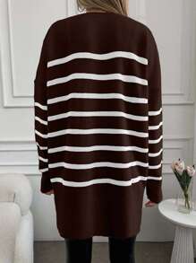 EURMUSE Women's Striped Loose Fit Dropped Shoulder Long Sleeve Casual Sweater,Jumper,Cream Jumper,Jumpers,Black Jumper,Womens Jumper,White Jumper,Women's Jumper,Women's Jumpers,Winter Clothes - Brown - View 2