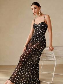 Swim Oasis 全新性感紧身黑白波尔卡圆点印花细肩带聚拢钢圈连体衣，度假海滩短款上衣和短裙两件套 - 黑與白 - 查看 4