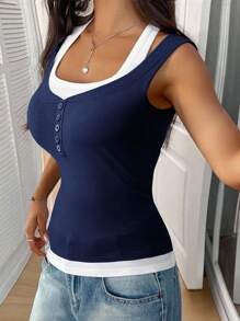Chiquease Summer Casual Colorblock 2 In 1 Top Clothes For University - Blue - View 5