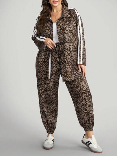 Comfylo Plus Size Women Leopard Print Side Stripe Long Sleeve Jacket And Pants Casual 2 Pieces Set Leopard Print Outfit Leopard Pants Animal Print Outfit Cheetah Print Outfit Women Cheetah Pants Winter Clothes For Women Fall Clothes For Women Women's Sport Set Chic Women's Set Chic Autumn Brown Winter Set Chic Women's Set Hic Autumn Winter Clothes Leopard Print Tracksuit Leopard Print Outfit Women Cheetah Print Pants Female Country Look Going Out Outfit