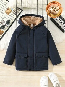 SHEIN 男童插肩袖口袋拉链前襟保暖连帽休闲外套 幼儿冬季外套 男童冬季外套 男童连帽冬季外套 幼儿保暖外套 男童秋季冬季外套 - 藏蓝色 - 查看 4
