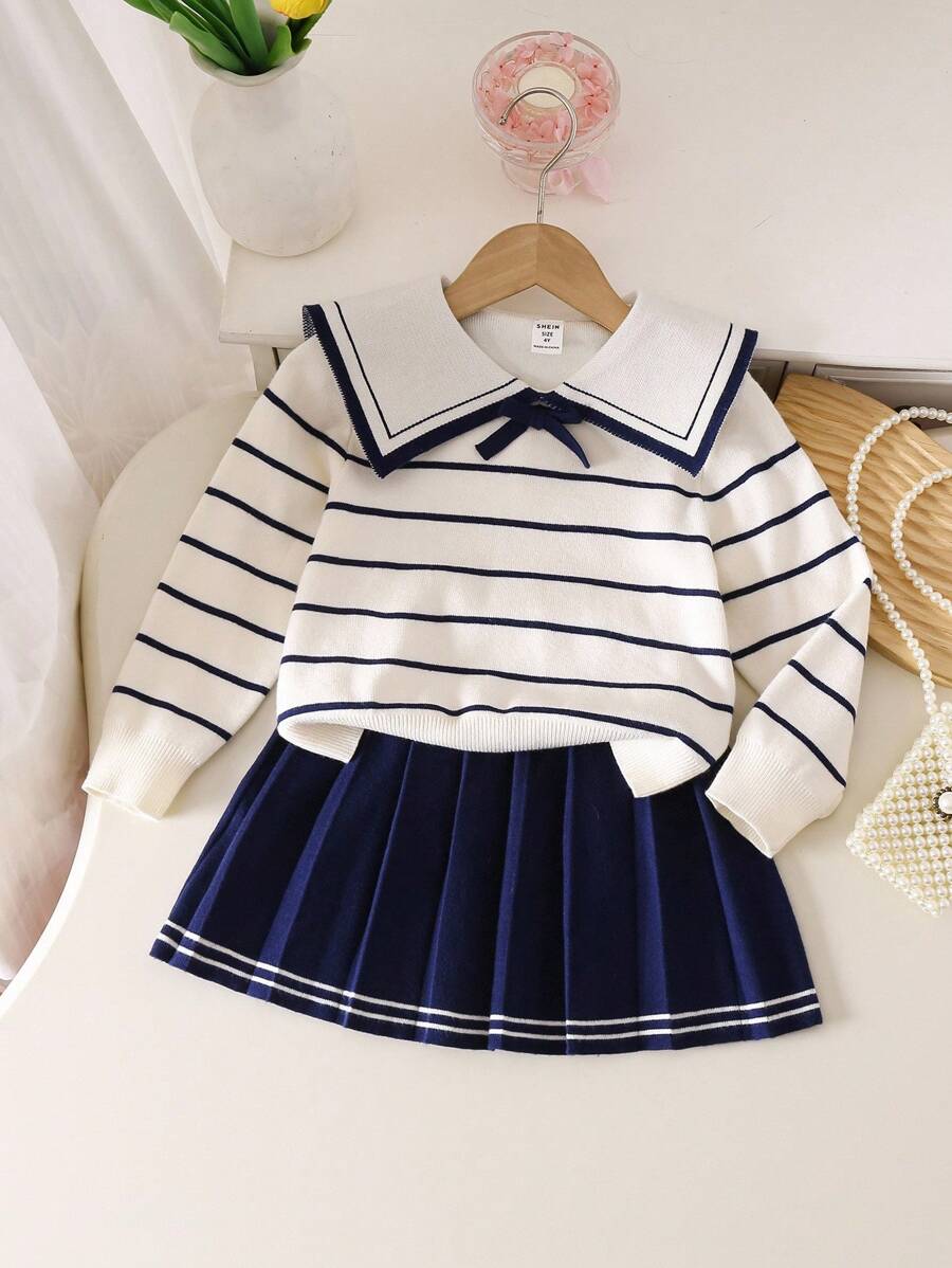 Souflis Souflis Collegiate Style Navy Collar Set, Striped Long Sleeve Sweater And Pleated Mini Skirt Young Girl Skirt Set Girls Skirt Set Pleated Skirt Set Girls Sailor Outfit Nautical Outfit Pleated Skirt Sets 2pcs Set Young Girls School Clothes Sets Girl Clothes Skirt Set Young Girls Sweater Young Girls Fall Outfits Young Girls Winter Clothes Fall Clothes - White - View 1