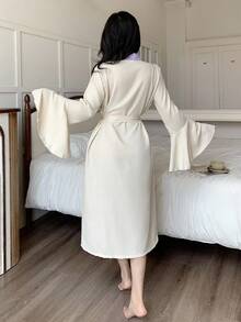 Elegant Ruffled Contrast Color French Style Loungewear Robe, Soft & Comfortable For Women, Fall - Beige - View 2