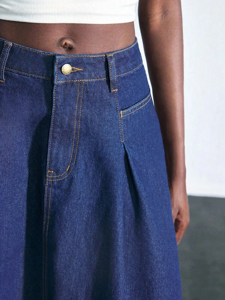 Maija Women's Blue Denim Skirt Low Waist Mid-Length Skirt College Style Wear Autumn Women's Clothing - Dark Wash - View 4