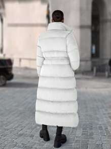 EURMUSE Zip Up Drawstring Waist Long Padded Coat - White - View 2