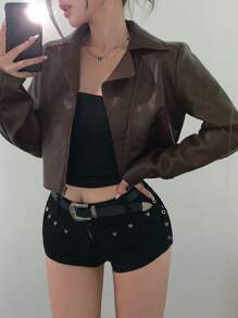 DAZY Women's Loose Casual Short PU Jacket, Street Style For Autumn & Winter,Fall Women Clothes