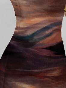 Aloruh 休闲优雅性感抽象图案棕色咖啡性感全印花抹胸紧身休闲夏装，适合夏季、度假、派对 - 彩色 - 查看 6