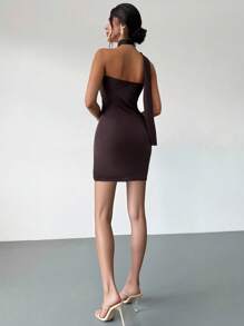 Firerie Women's Mocha Asymmetric Flare Sleeve Mini Dress, Pleated Ruffle Fitted Dress, Fashionable Casual Dress Suitable For Commuting, Elegant, Sexy, Vacation, Beach, Bohemian, Hawaii, Music Festival, Party, Work Attire, Spring/Summer/Autumn/Winter,Wedding Guest Dress,Elegant Dresses For Women,Fall Wedding Guest Dress