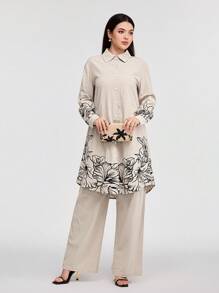 Veilorie Women'S Floral Print Long Sleeve Shirt And Pants Suit 2 Pieces Set - Apricot - View 4
