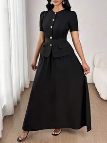 SHEIN Lady 优雅通勤纯色复古腰带夹克和裙子套装金属扣老钱风格女士早午餐装女士优雅装