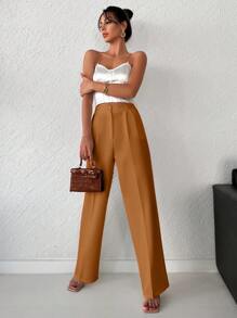 EURMUSE Women's Solid Color Loose Straight Pants - Orange - View 4