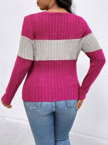 EMERY ROSE Plus Size Contrast Color Round Neck Ribbed Long Sleeve Casual T-Shirt Graphic Tees Women Tops For Spring Fall - Multicolor - View 2