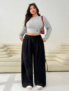 Solflare Plus Size Women's Casual Solid Color Wide Leg Pants, Autumn/Winter,Fall,Warm