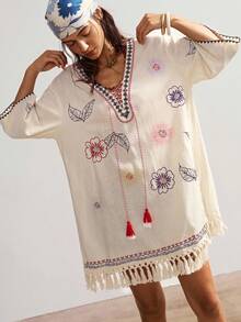 Bohemela 女士休闲纯色梭织V领宽松迷你连衣裙 - 杏色 - 查看 4