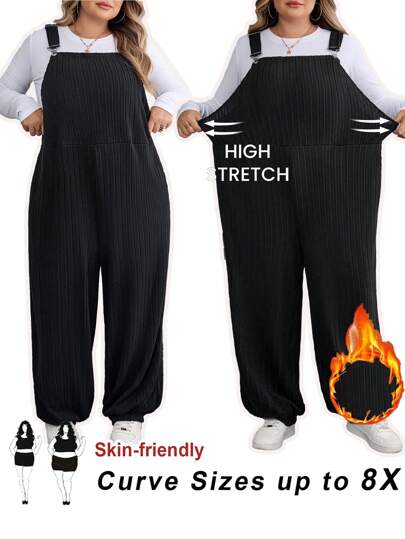 SHEIN CURVE+ Curves Plus Size/Skolkläder/Skolkläder/Skolkläder Plus Size Dam Svarta Stickade Elastiska Fuzzy Ribbade Haklappsbyxor, Lämplig För Höst/Vinter Plus Size Jumpsuit 8xl Damkläder Kurviga Jumpsuit Plus Size Overaller 2 Delade Set Kurviga Höstkläder För Damer, Vinter, CURVE PLUS
