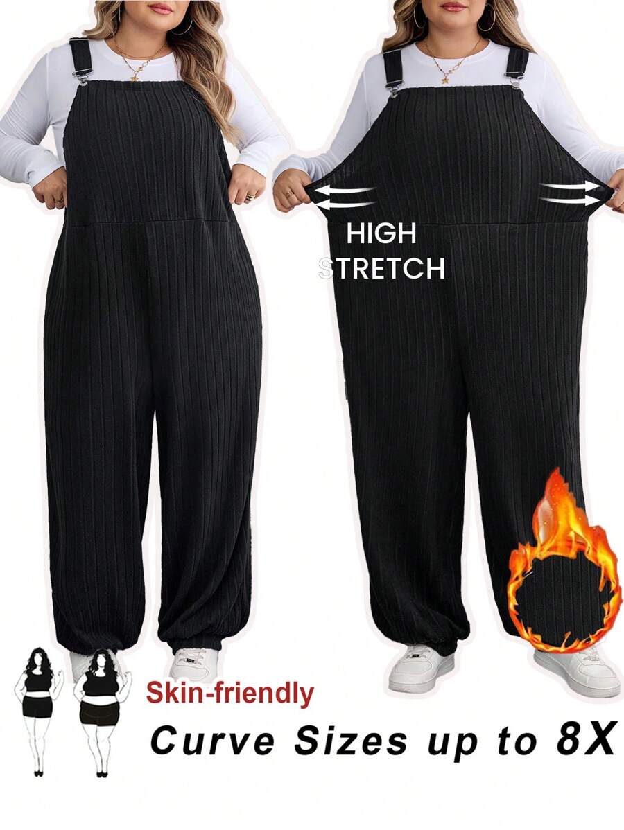 SHEIN CURVE+ Curves Plus Size/Chool Clothes/Back To School Clothes /Back To SchoolPlus Size Women Black Knitted Elastic Fuzzy Ribbed Bib Pants, Suitable For Autumn/Winter Plus Size Jumpsuit 8xl Women Clothes Curvy Jumpsuit Plus Size Overalls 2 Pieces Sets Curvyfall Clothes For Women,Winter,CURVE PLUS