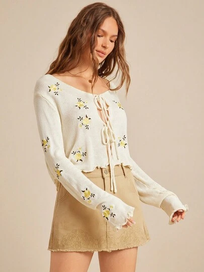 WESTFADE Floral Embroidered V Neck Bow Tie Front Relaxed Fit Cardigan Sweater Cute Fall Top, Autumn, Winter, Nashville Country Concert, Casual, Boho, Western Wear For Women