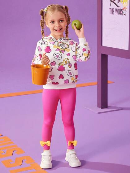 Nick 90s | SHEIN Young Girl Cute Cartoon Heart Print White Long Sleeve Hooded Sweatshirt & Fitted Pink Knit Pants 2pcs Set