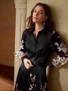 MOTF PREMIUM 花卉印花腰带连衣裙 - 黑色 - 查看 6