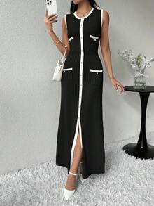 Modelyn Vestido de punto largo con bloque de color y botones delanteros sin mangas para mujer - Blanco y Negro - Ver 5