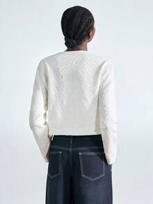 Maija White Elegant Tea Party Autumn Women's Apricot Knitted Textured Round Neck Long Sleeve Cardigan Jacket,Short Modern Urban Button Up Knit Fall Clothes - Apricot - View 5