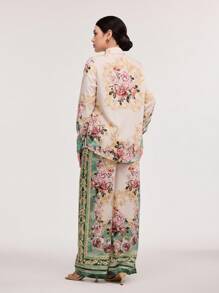 Veilorie 2pcs Women's Front Button Up Long Sleeve All-Over Print Top And Pants Set 2 Pieces Set - Multicolor - View 2