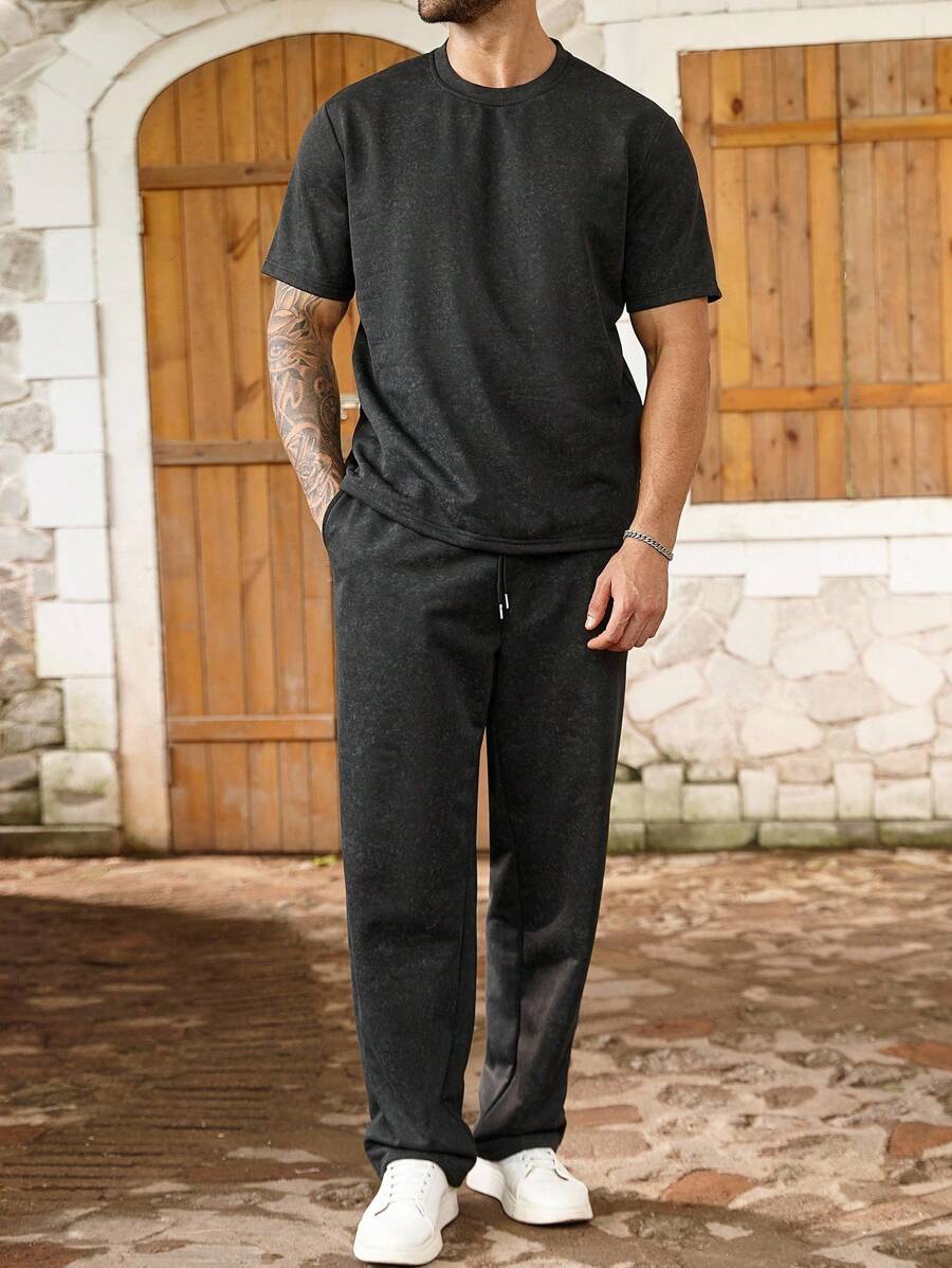 ResortEase 夏季大码男士休闲纯色T恤和裤子套装