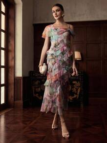 ZEYLAH Váy xếp ly bất đối xứng họa tiết hoa - Nhiều màu - Xem 5