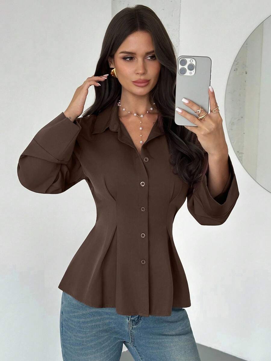 Firerie Áo sơ mi nữ dài tay màu nâu, kiểu dáng thanh lịch, thắt eo, thích hợp cho đi làm hàng ngày, đàm phán kinh doanh, đồng phục công sở, áo giáo viên/áo nữ mùa thu/áo mùa thu/áo đi học/áo nữ mùa tựu trường/áo giáo viên/áo đi chơi/áo công sở thường ngày.