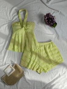 Lunelith SHEIN Lunessa Women's Solid Color Halter Top And Shorts 2 Pieces Set