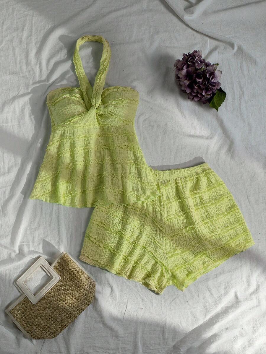 Lunelith SHEIN Lunessa Women's Solid Color Halter Top And Shorts 2 Pieces Set