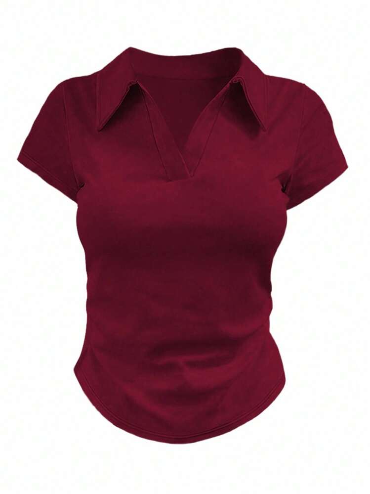 Olithes Camiseta casual versátil de mujer con cuello y mangas cortas, plisada y de unicolor - Burdeos - Añade 4