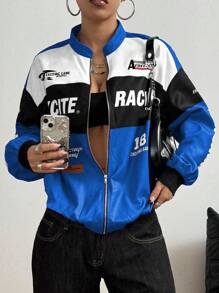 SHEIN PETITE Letter Print Contrast Color Drop Shoulder Bomber Jacket For New Year Clothes Fall Winter Cloth For Women - Blue - View 1