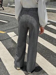 青少年女孩休闲通勤格子直筒裤 - 灰色 - 查看 2