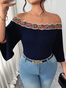 Elenzga قميص نسائي أنيق وجذاب بأكمام واسعة مزين بالدانتيل الملون، مناسب للمناسبات والسفر، يشكل الخصر ويجمل الشكل، ملابس صيفية رائجة البيع - أزرق بحري - مشاهدة 3