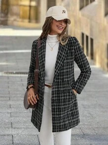 SHEIN Clasi 女士格子翻领长袖口袋休闲外套，女士冬季外套，冬季服装 - 黑色 - 查看 3