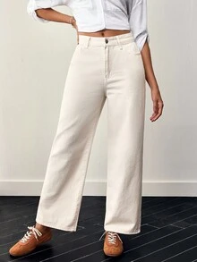 EMERY ROSE Casual Loose Straight Leg Washed Denim Jeans Thickened Denim - Beige - View 4