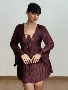 Viva Relle 大码女式纯色深V领系带长袖性感超长连衣裙 - 棕色 - 查看 4