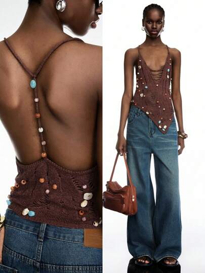 LYSMO Plus Size Women's Solid Color Beaded Decor Ripped Sexy Camisole, Backless Tank Top