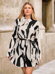 EMERY ROSE Allover Print Belted Shirt Dress,Ladies Casual Belted,Button Long Sleeve Shirt Collar Loose Short Multicolor Flare Sleeve All Over Print Shirt Women Short Dresses,Spring/Fall,Casual Daily Wear