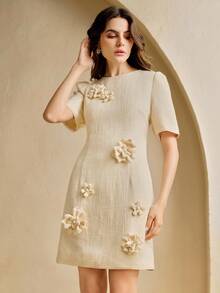 Anewsta Vestido elegante de mujer con aplicaciones florales de unicolor, para verano - Amarillo - Ver 3