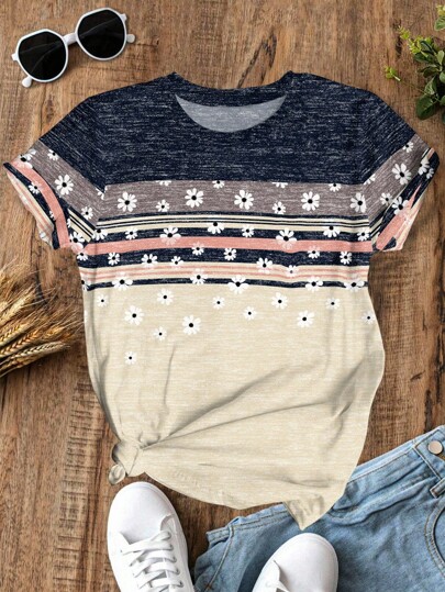 SHEIN LUNE Plus Size Women's Striped Floral Print Graphic Tees,ColorblocK Casual Summer Women OutFit Women Tops