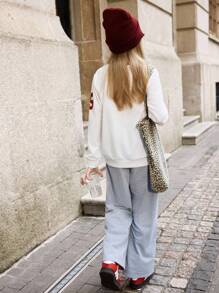 SHEIN Bộ 2 món/Bộ áo thun tay lỡ cổ chữ V in số phong cách đại học thường ngày cho bé gái tuổi teen và quần ống rộng - Nhiều màu - Xem 2