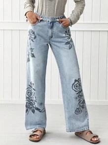 EMERY ROSE Jeans rectos y sueltos con estampado floral casual - Lavado ligero - Ver 3