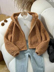 SHEIN Tween 女童休闲连帽拉链羊毛夹克，带有可爱卡通耳朵，保暖衬里，适合秋冬季