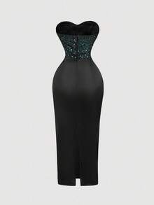 SHEIN MOD 优雅亮片拼布露肩连衣裙 - 墨綠色 - 查看 2